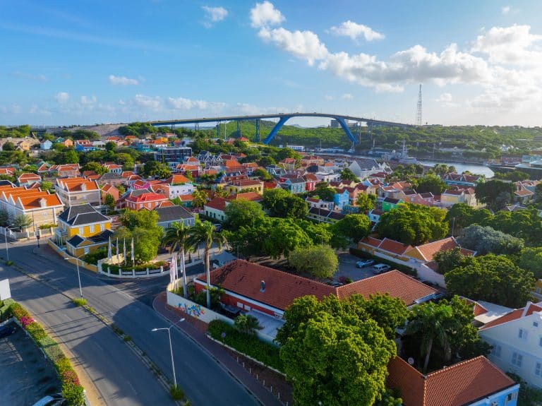 Aerial view of Koningin Julianabrug Bridge connecting Otrobanda and Punda in Willemstad, Curaçao